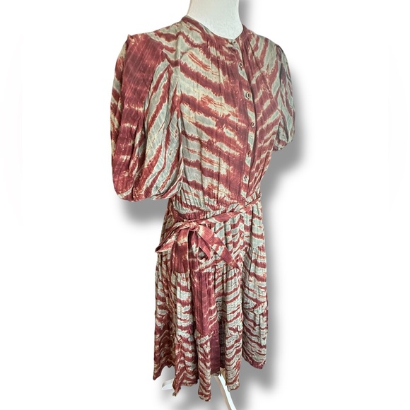 Ulla Johnson Magdalena Midi Dress Burgundy Tiger Print Puff Sleeves Ruffled Sz 8 - Picture 3 of 9